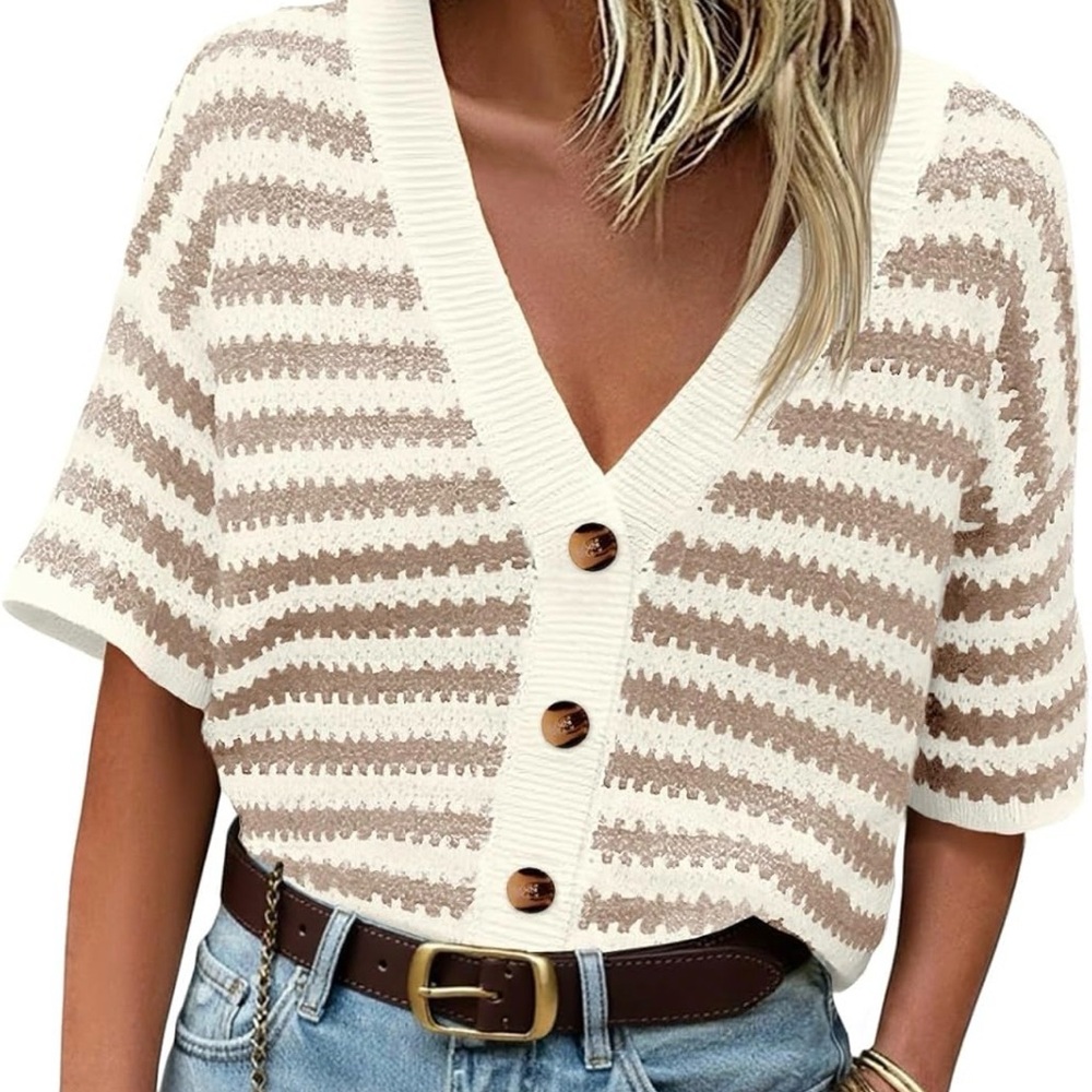Striped V-Neck Button-Up Sweater Small NWT